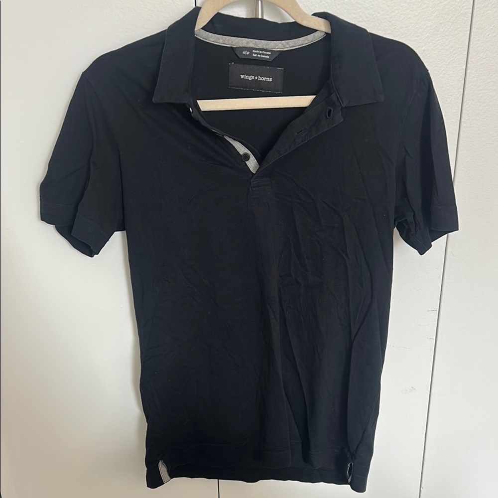 Wings + Horns Black Polo Shirt Classic Collared Shirt Size Small Petite